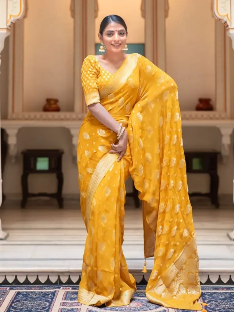 Yellow Banarasi Soft Georgette Silk Saree