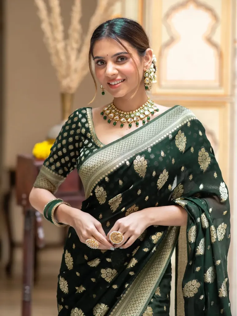 Dark Green Banarasi Soft Georgette Silk Saree