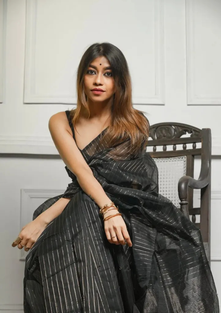 Black Banarasi Kora Checks Silk Saree